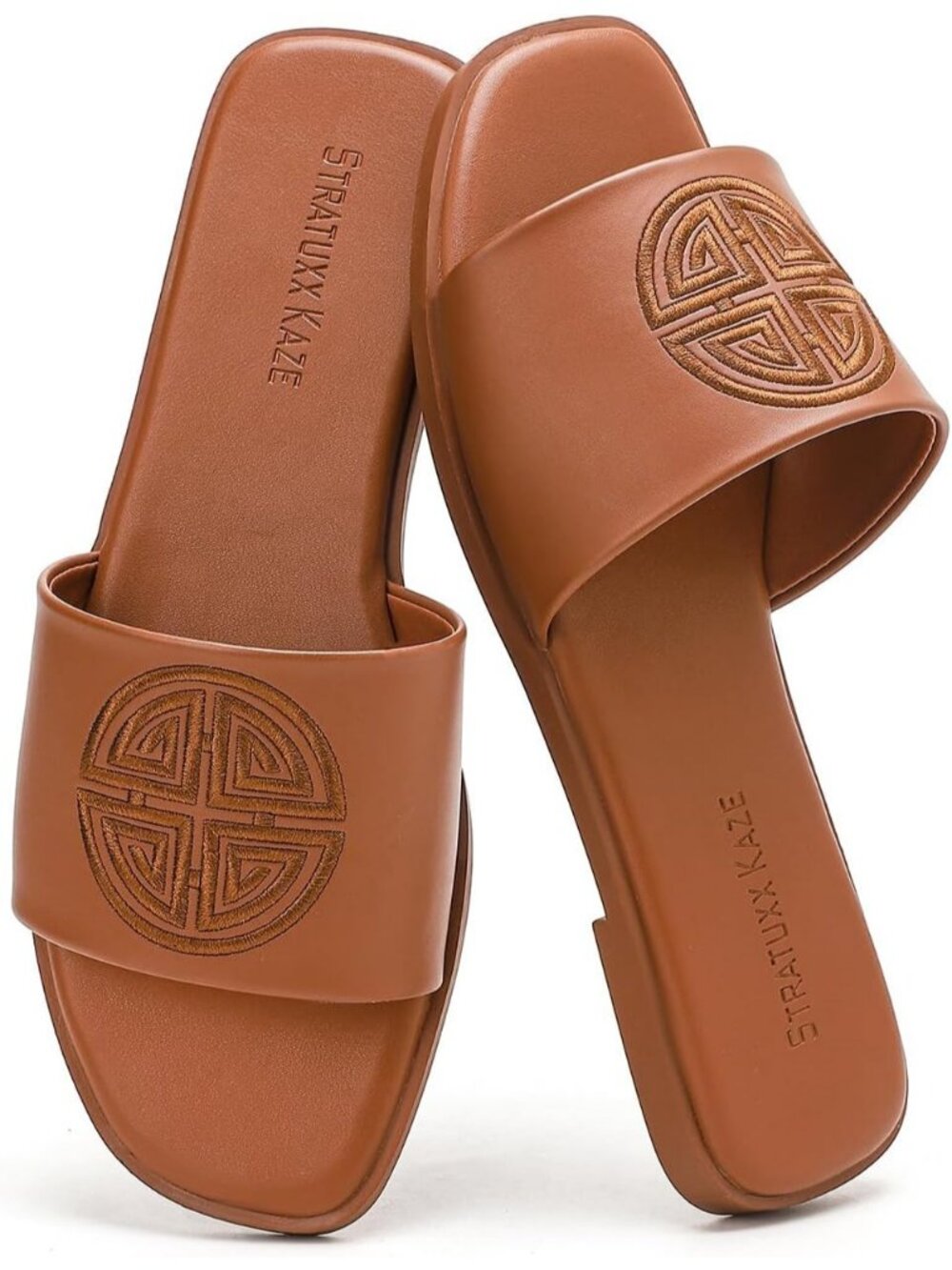 Women's Brown Soft Faux Leather Slides Flat With Memory Foam Comfortable Shoes - Picture 1 of 5